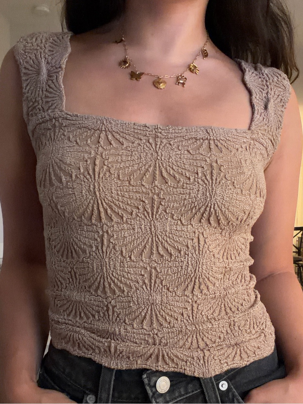Free People Textured Square Neck Taupe Women’s Tank Top - Picture 2 of 7